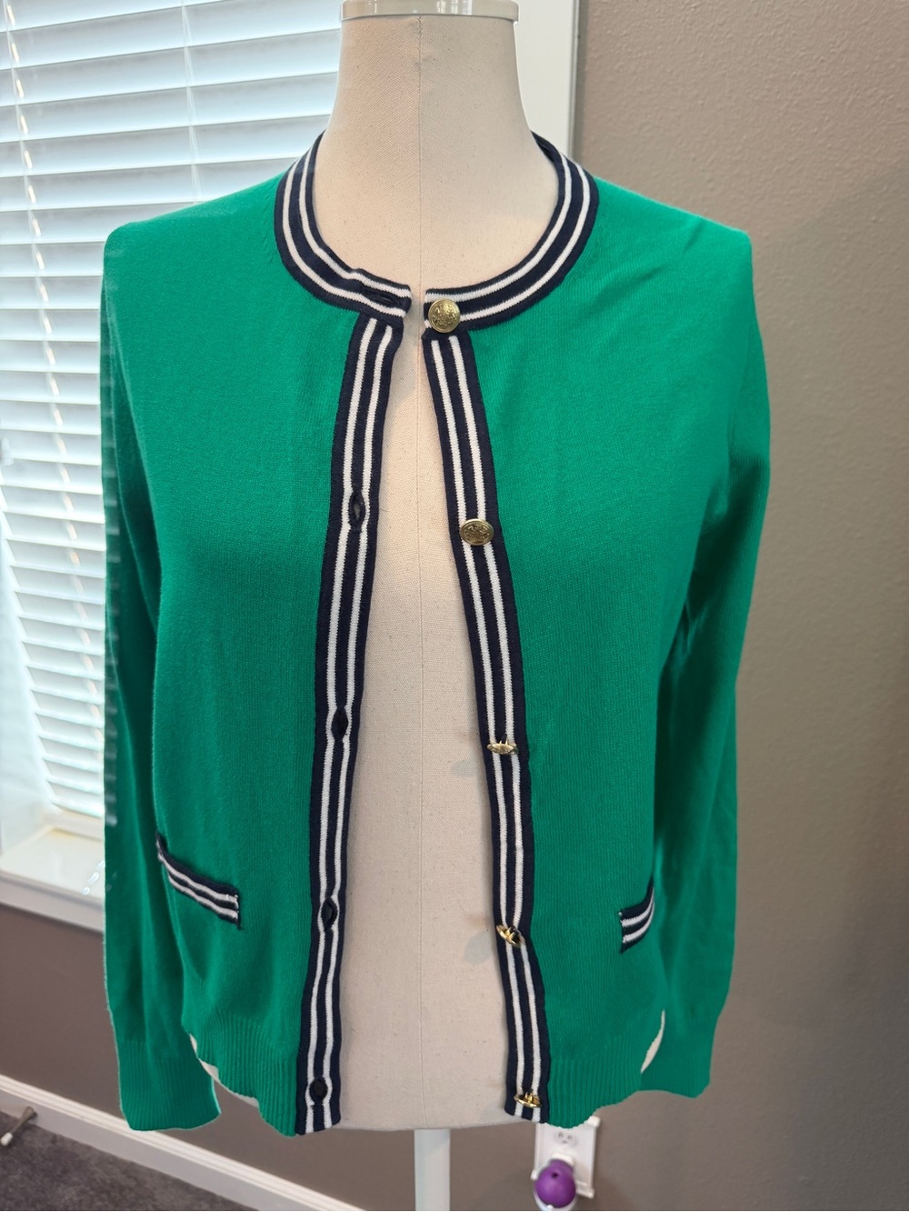 Women’s J. Crew Green Crewneck Cardigan with Navy Stripe Trim - Picture 2 of 8